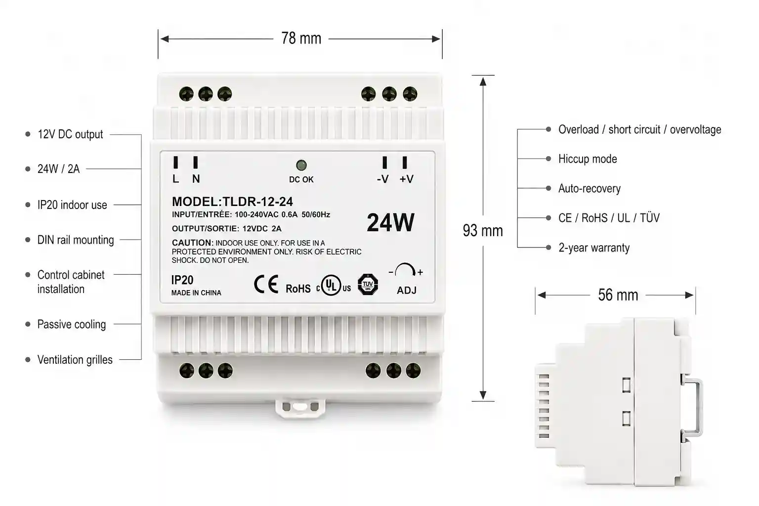 Rozměry a certifikace LED zdroje na DIN lištu 12V 24W 78x93x56mm CE RoHS UL TÜV záruka 2 roky